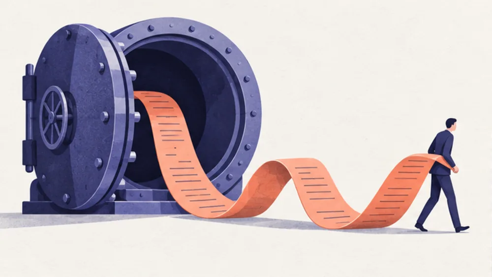 A figure walks away from an open bank vault, pulling out a long ribbon of paper ruled with short lines like indented code.