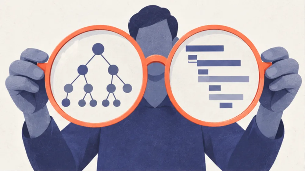 A figure holds up an oversized pair of glasses. One lens shows a branching tree diagram, the other the same thing as indented lines.